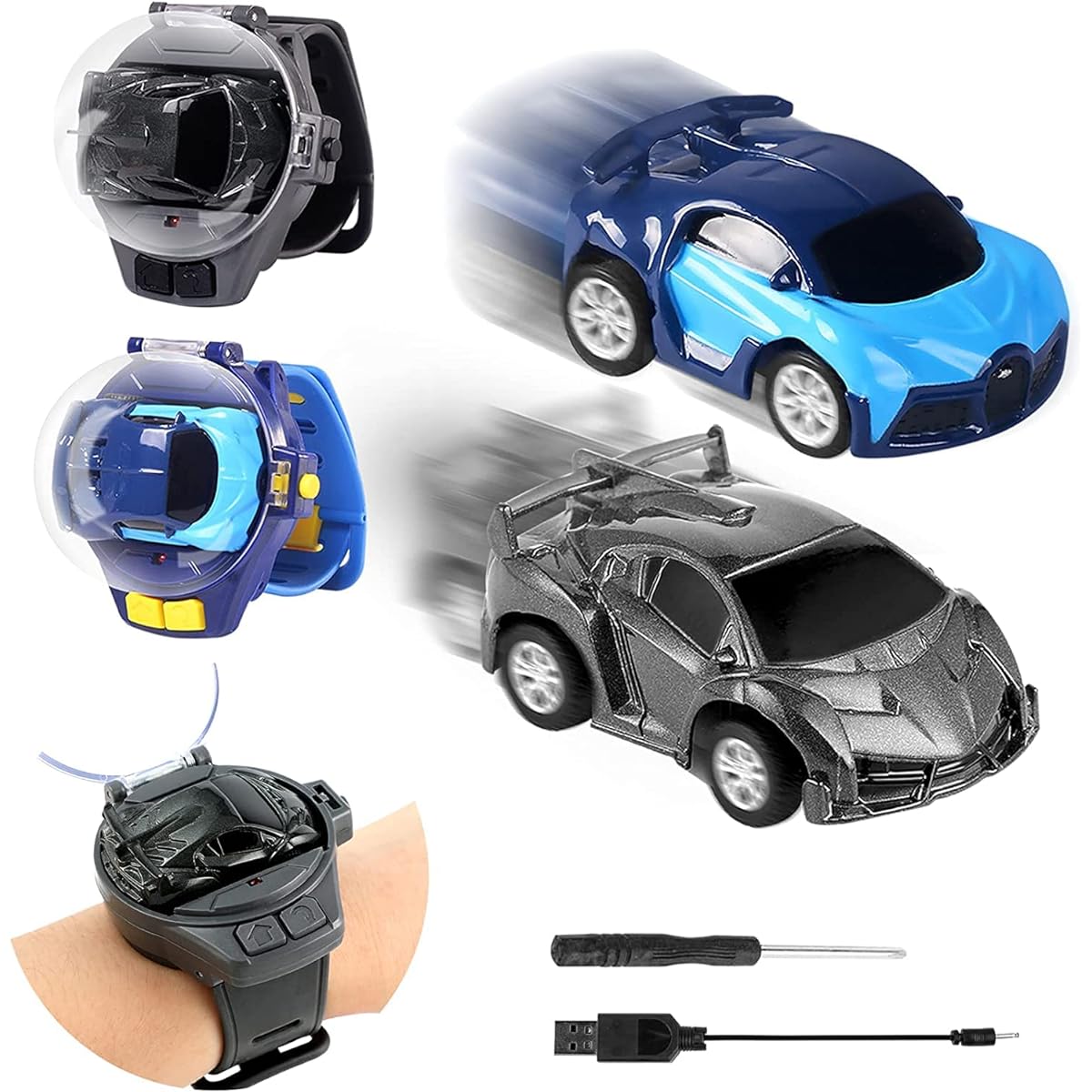 Mini Remote Control Car Toy 2.4 GHz Watch Hand Controlled Racing Car with USB Charging RC Toys for Boys and Girls (Gray+Blue) 2 Pieces