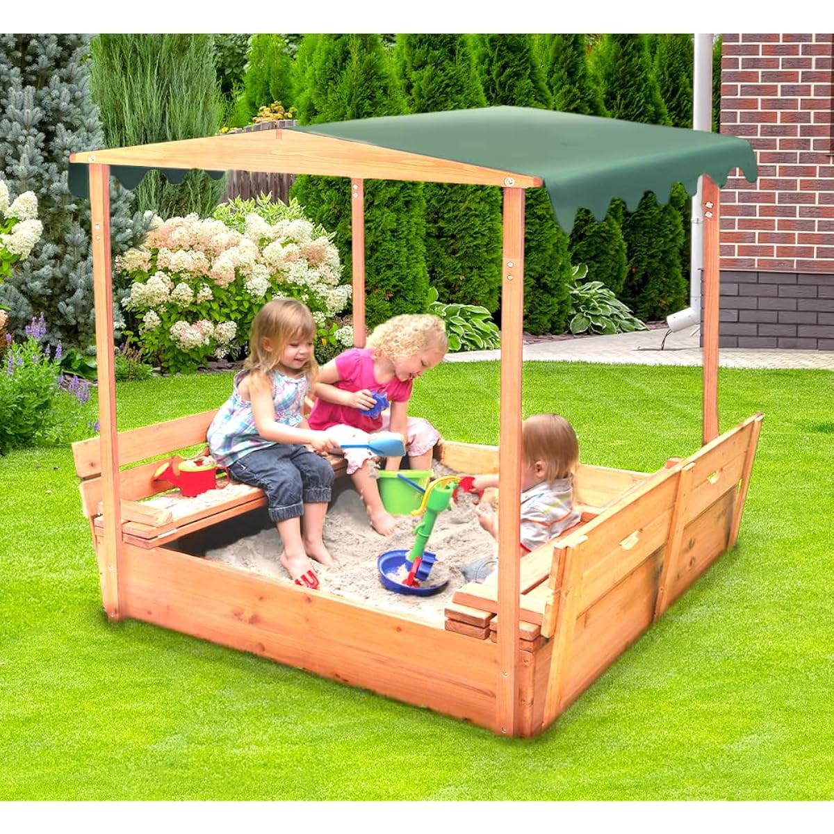 Badger Basket Cover Convertible Cedar Sandbox with Canopy and Bench Seat