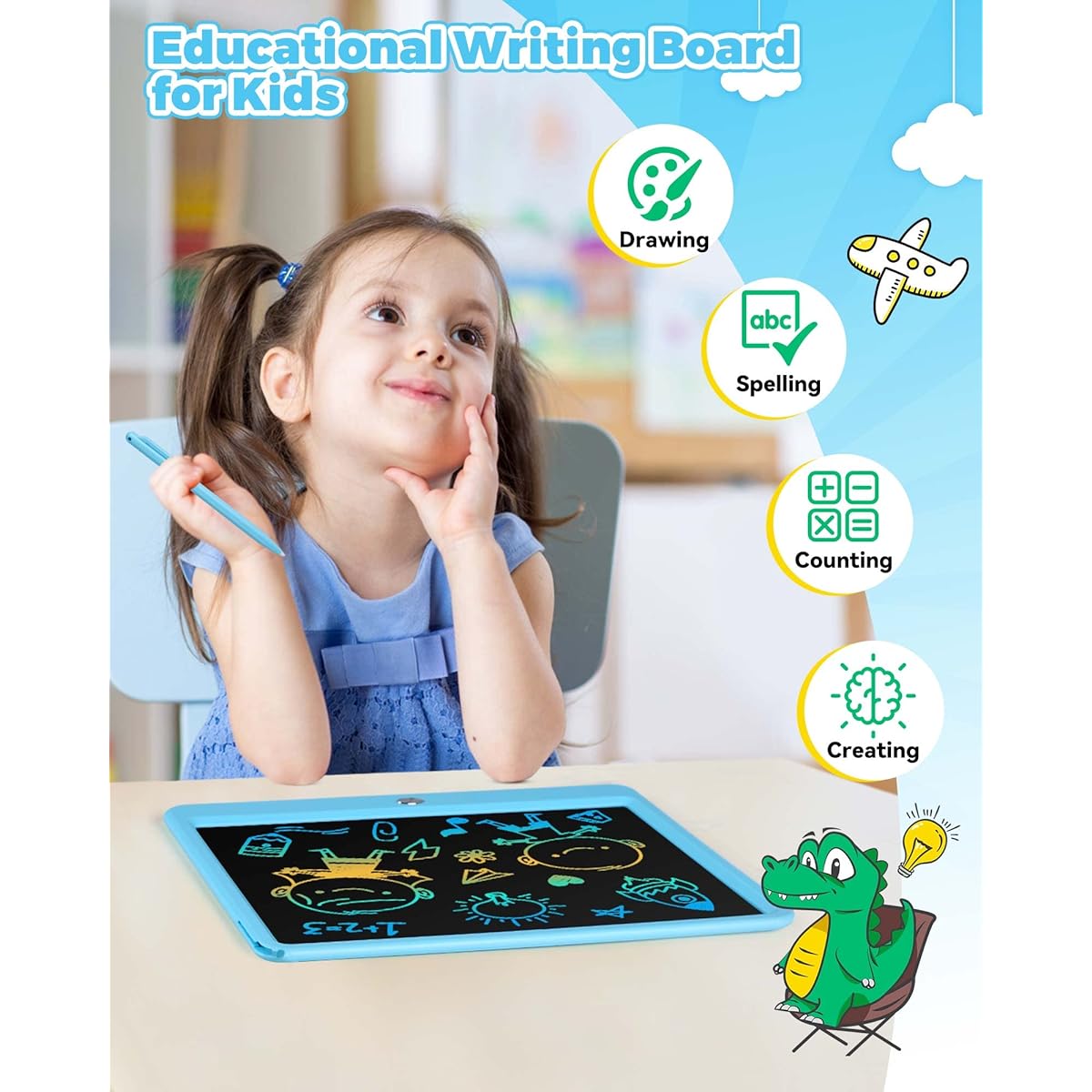 KOKODI 12" LCD Writing Tablet with Anti-Lost Stylus Erasable Doodle Board Colorful Toddler Drawing Pad Car Travel School Game Toys for 3 4 5 6 7 8 Kids Birthday Gifts for Girls Boys Adults Blue