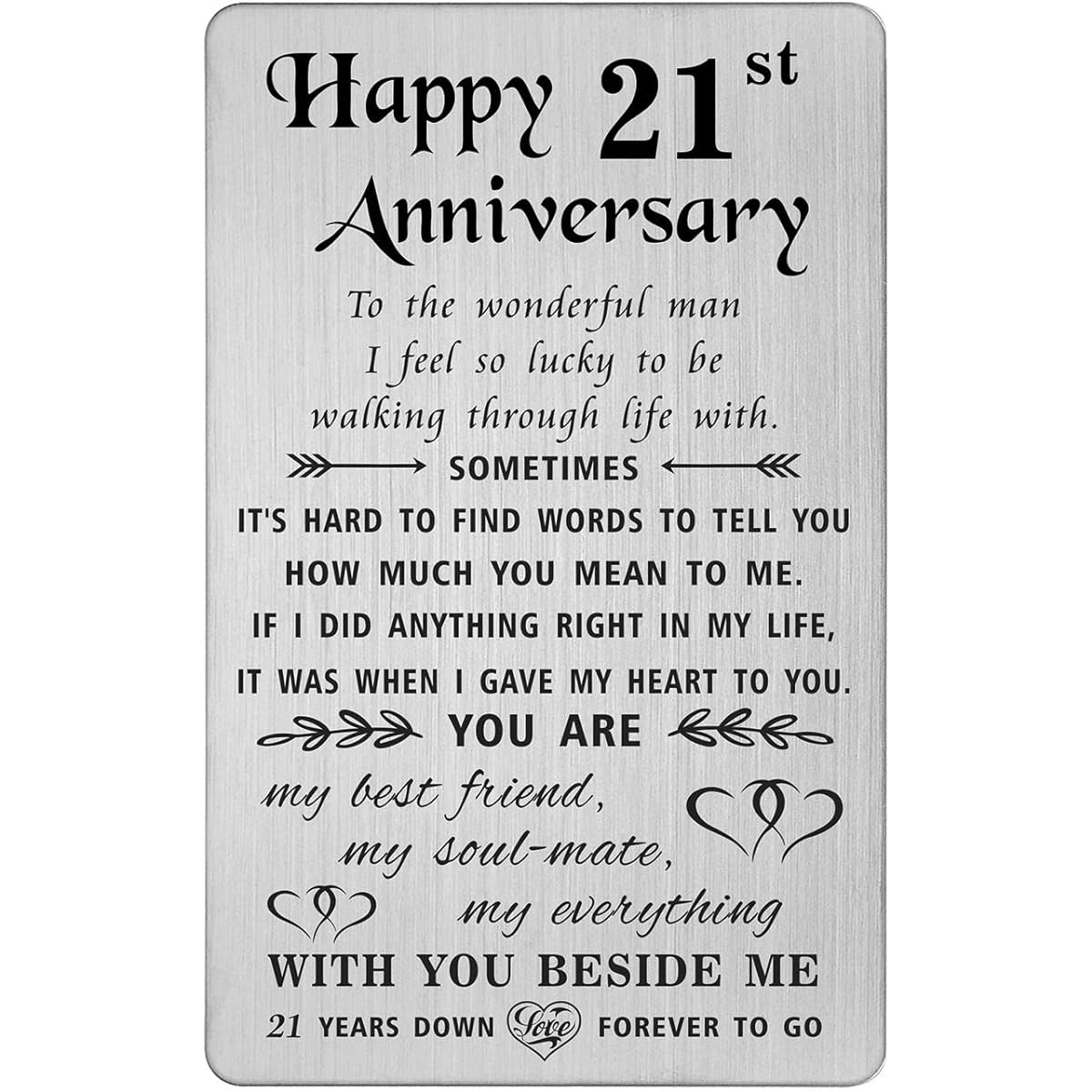 TANWIH 21st Anniversary Card 21st Anniversary Card for Husband - 21 Years Down Forever to Go - 21 Years Wedding Anniversary Card Gift for Men Engraved Metal Wallet Card