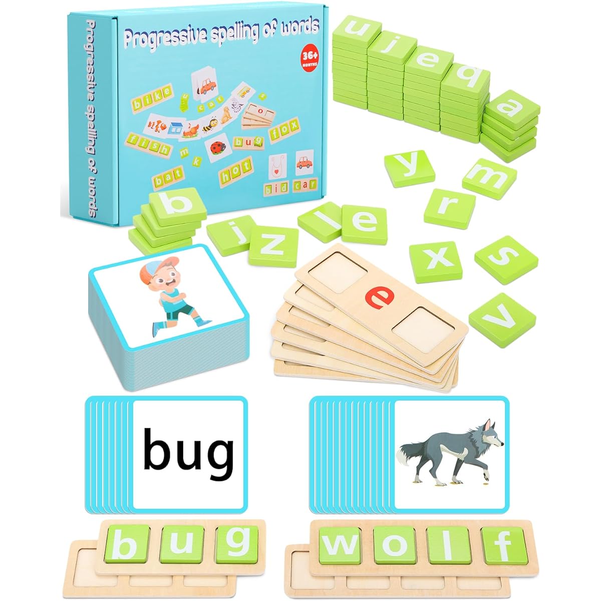 Wooden CVC Word Spelling Game Vowel Learning Toy with 50 Sight Words Flash Cards for 3 4 5 6 Year Old Kids Preschool Kindergarten Learning Activities CVC Alphabet Puzzle for Toddlers