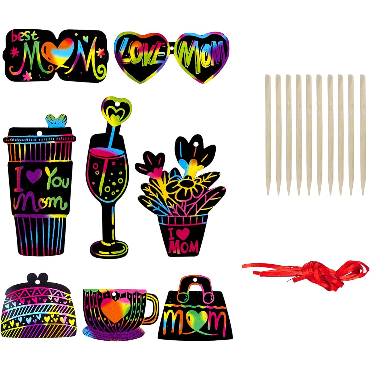 SICOHOME Mother's Day Scratch Art for Kids, 24 Pieces Rainbow Scratch Paper for Mother's Day, Black Scratch Art Paper for Kids DIY Mother's Day Gift Cards, Kids Art Set with 10 Wooden Stylus Pens and 24 Red Ropes