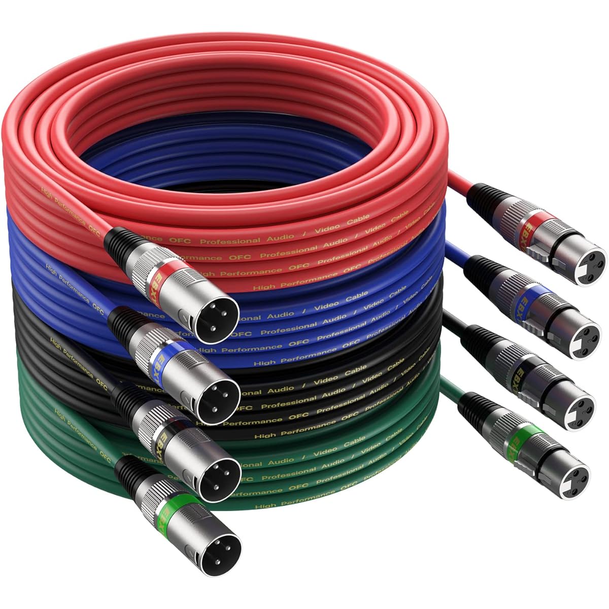 EBXYA XLR Cable 25ft 4 Pack - Microphone Balanced DMX Cable 3 Pin XLR Male to Female Microphone Cable Red Black Green Blue
