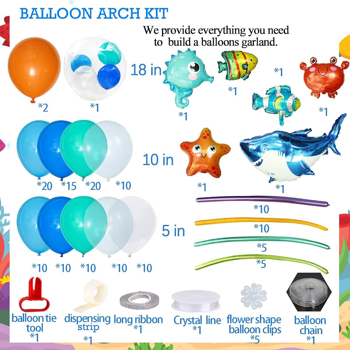 Ocean Animals Birthday Party Decorations Blue Ocean Balloons Garland Kit Shark Bubble Fish Kakronyo Hippo Crab Starfish Undersea Theme Birthday Boy Baby Shower Party Supplies 160pcs