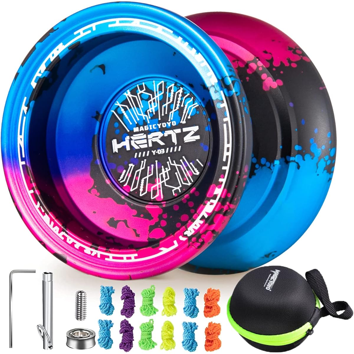 MAGICYOYO Responsive Yoyo Professional Yoyo for Adults Metal Yoyo for Beginners Alloy Yoyo Y03-Hertz 6 Yoyo Strings + Bearing Removal Tool + Bag + Replacement KK Bearings (Black-Blue-Pink)