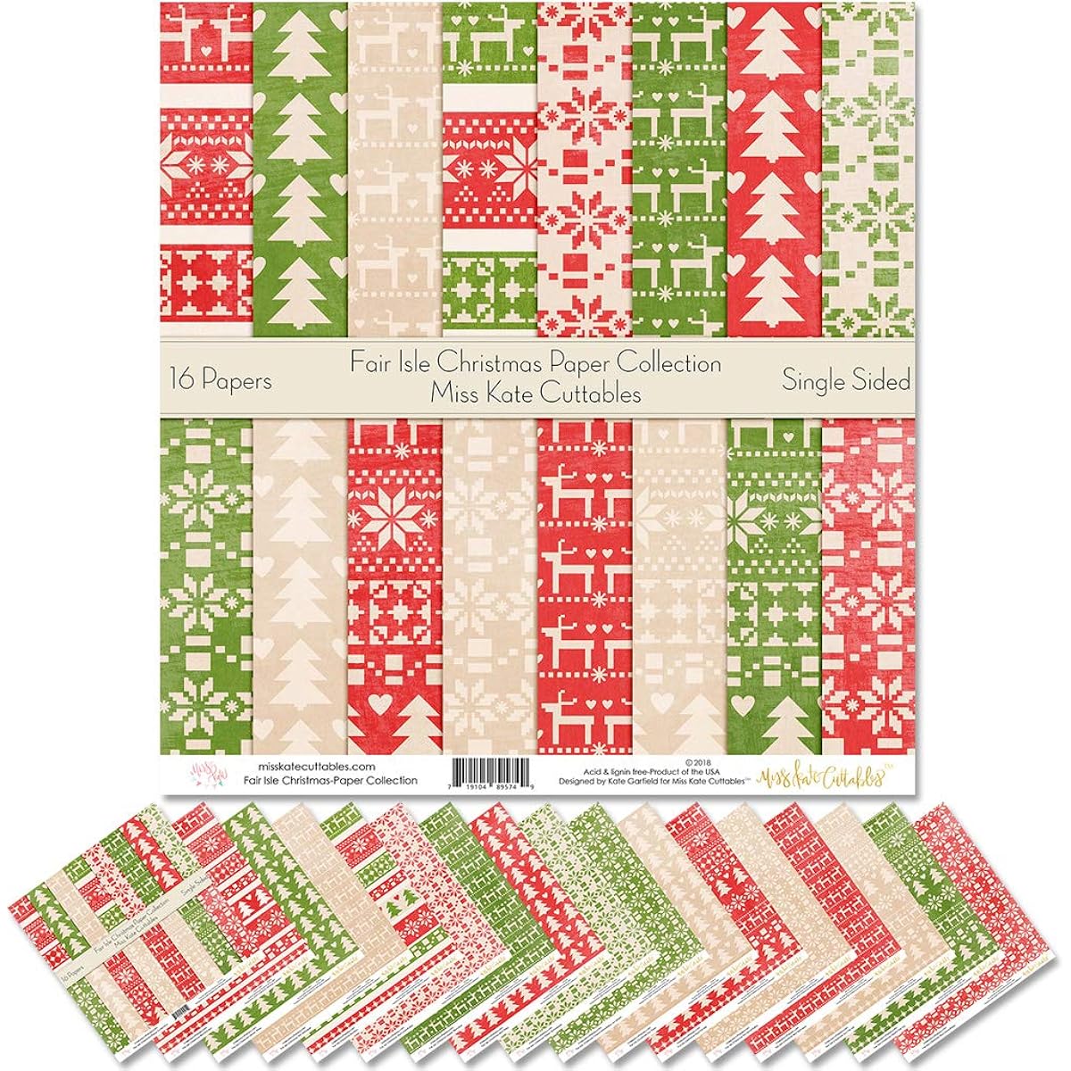 Miss Kate Cuttables Pattern Paper Pack - Fair Isle Christmas Scrapbook Premium Specialty Paper Single Sided 12" x 12" Collection - 16 Sheets