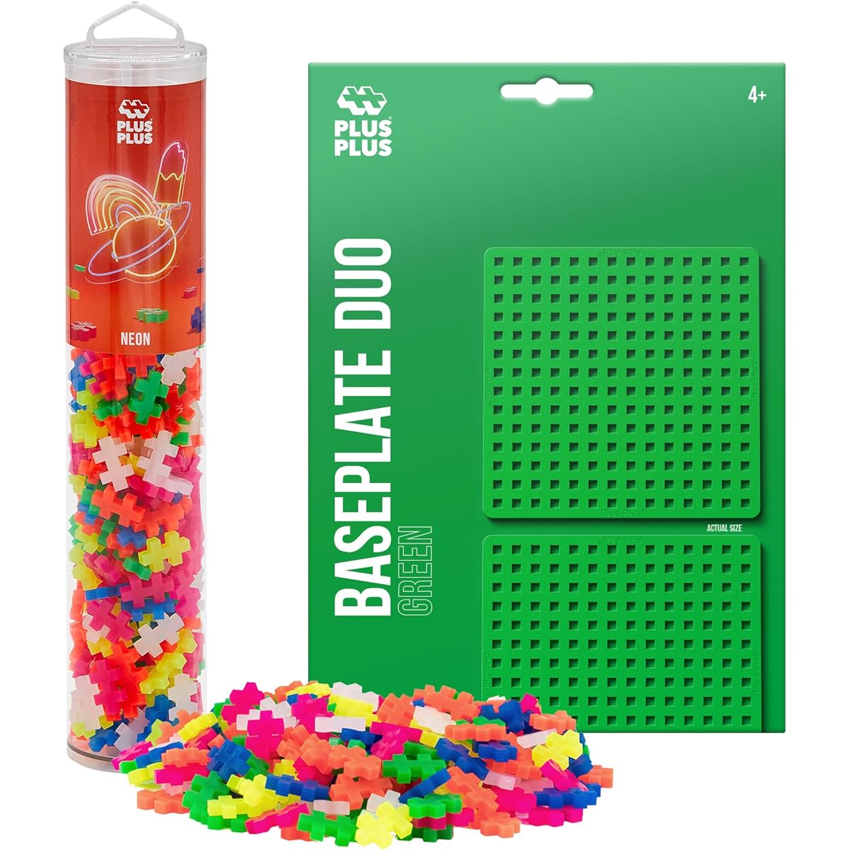 Plus-Plus - Base Plate Duo & 240 Piece Neon Tube Set - Building Construction STEM Toy Interlocking Mini Puzzle Blocks for Kids