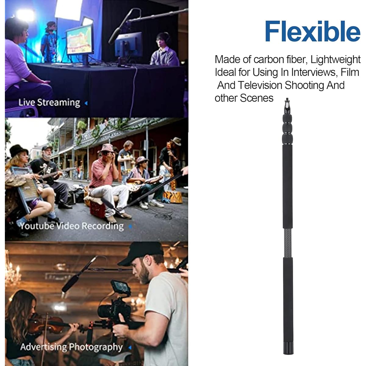 Microphone Boom Pole Arm, Portable 3.12m Carbon Fiber Telescopic Boom Pole, 4 Section Adjustable Handheld Microphone Arm, 3/8" Screw Interface, Thick Anti-Slip Sponge