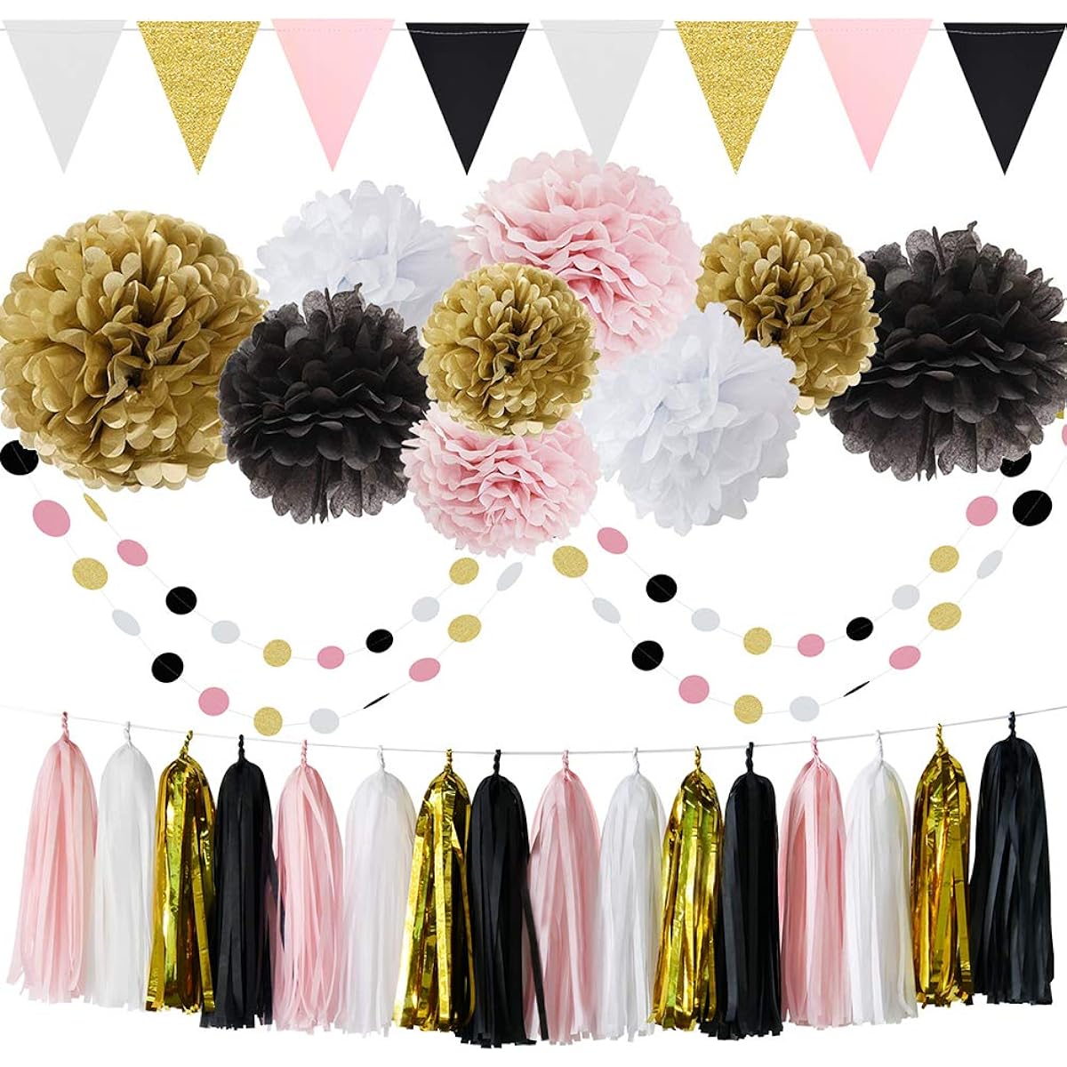 French/Paris Theme Birthday Decorations Party Decorations Birthday Parisian Baby Shower Decorations 35pcs Black Pink White Gold Tissue Paper Pom Poms Paper Tassel Garland Circle Garland Triangle Banner
