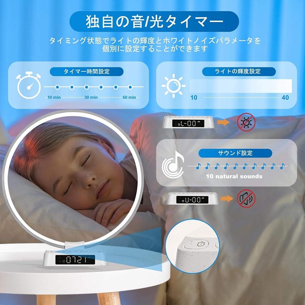 Ring light, alarm light, biological clock adjustment light, ring light with sunrise/sunset time setting, multi-function timer, natural ambient white noise bedside light, perfect for living room, bedroom, office, reading, work