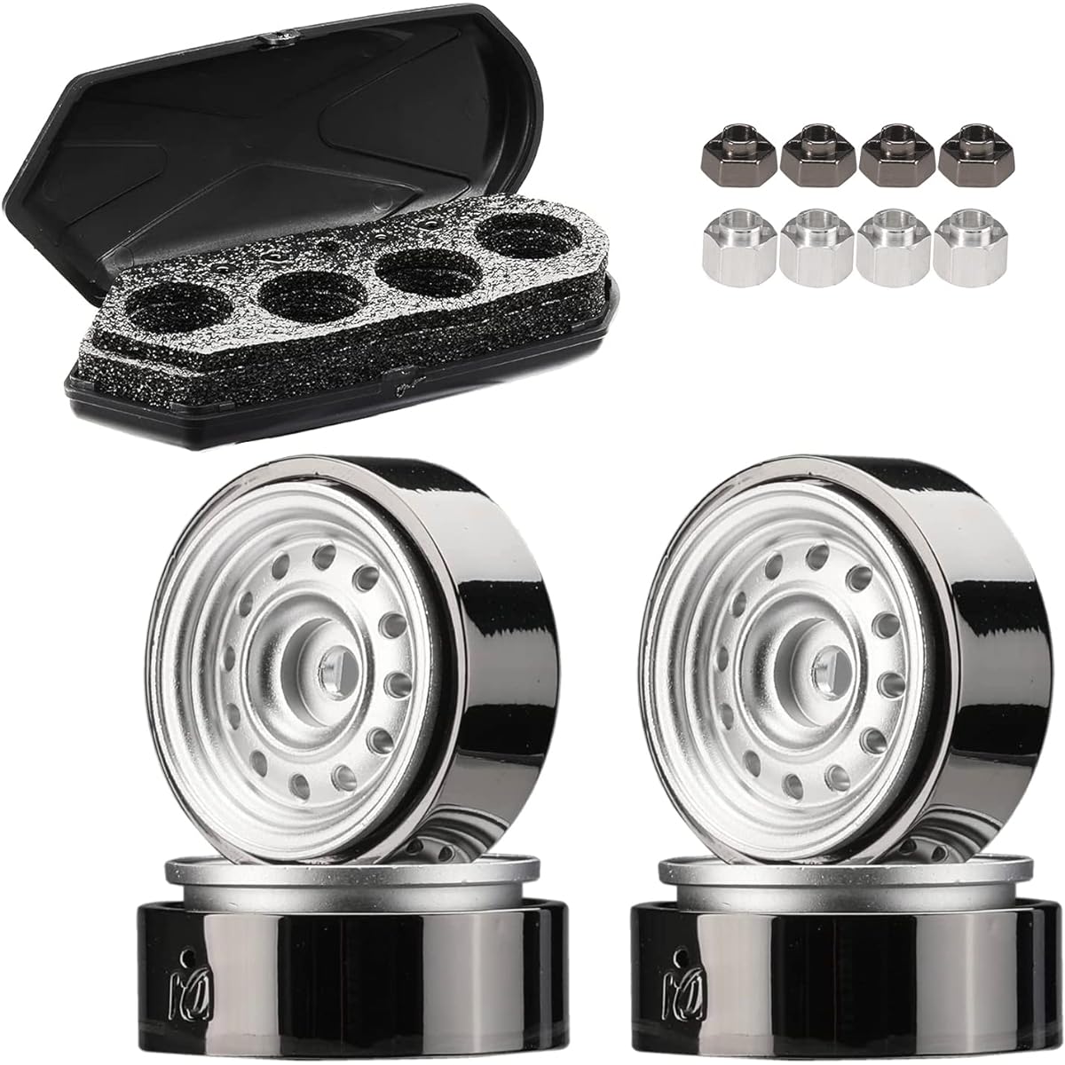 DJCRAWLER 1 Inch Classic Vintage Beadlock Counterweight CNC Wheel Rim with Hex Adapter SCX24 90081 FMS FCX24 4WD 1/24 RC Car Universal Upgrade Accessory Parts (Silver Plus)