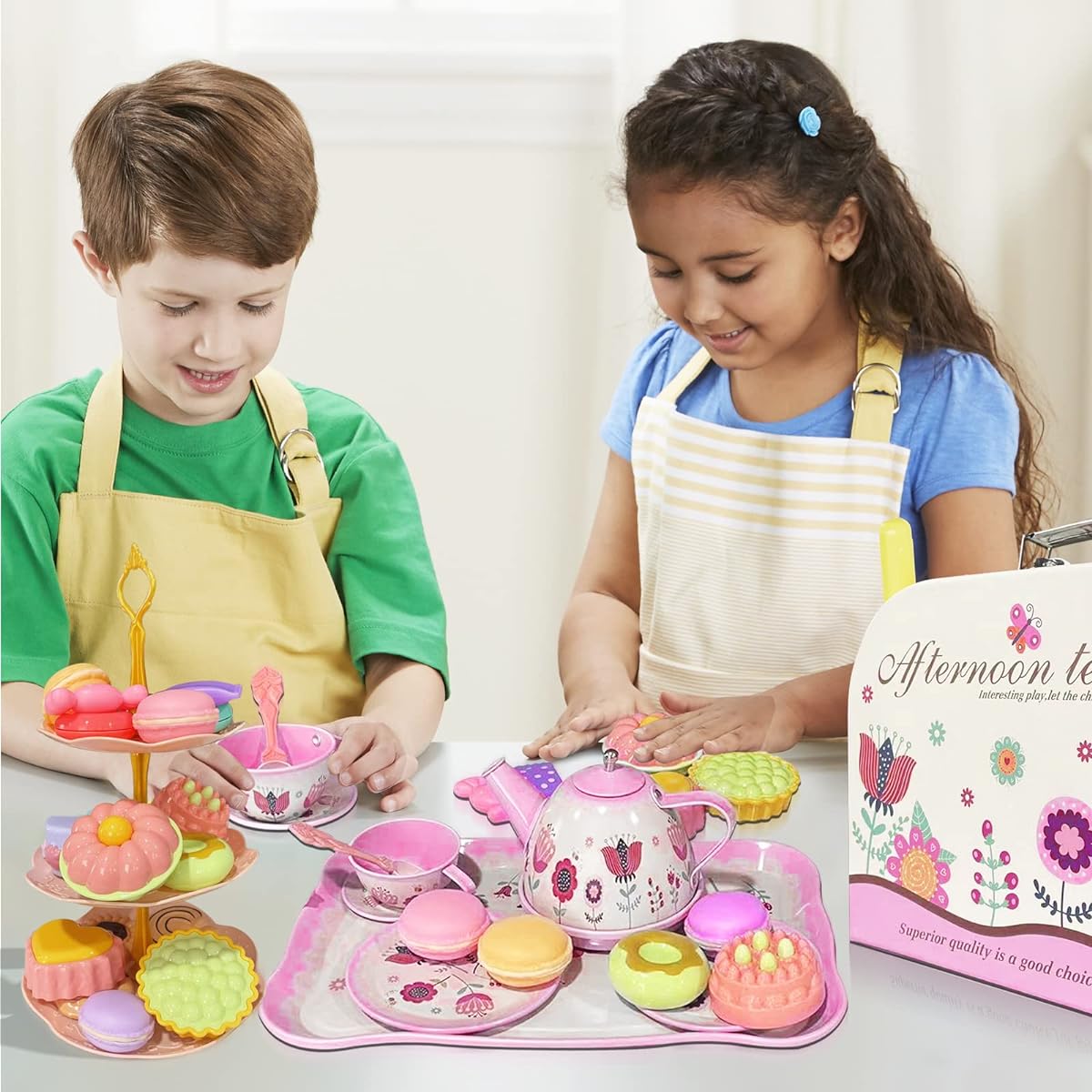 ikaufen Tea Party Set for Little Girls, 46 Pieces Princess Toy Tea Party Set with Cups, Carrying Case, Desserts, Kids Kitchen Pretend Play Gift for 3 Years Old, 4 Years Old, 5 Years Old, 6 Years Old