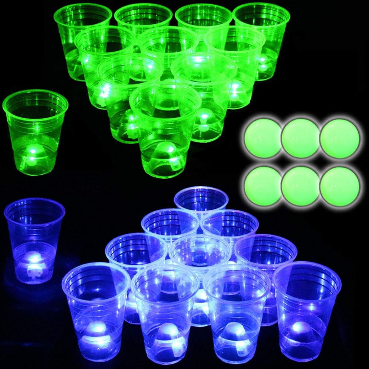 Glow in the Dark Beer Pong Set, Light Up Beer Pong Cups for Indoor Outdoor Nighttime Competitive Fun, 22 Glowing Cups (11 Green & 11 Blue) 6 Glowing Balls, Waterproof Party Game