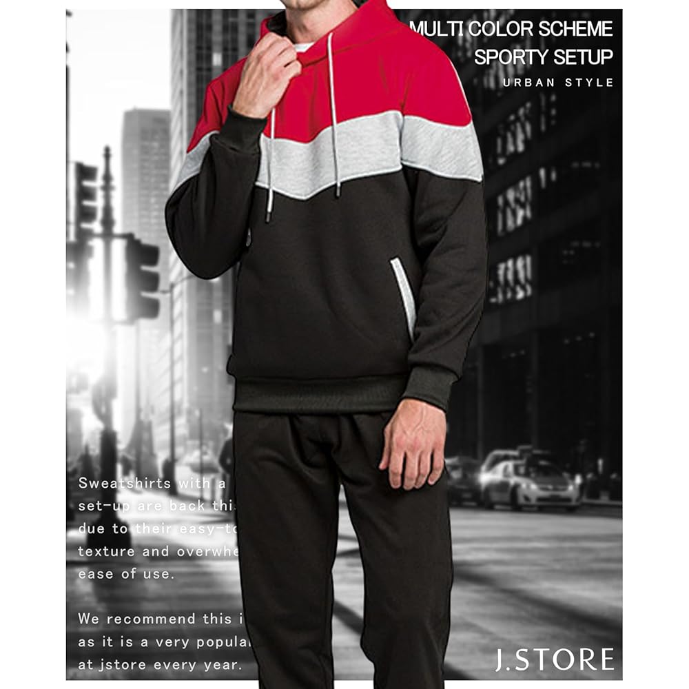 [J.STORE] Setup Color Matching Sportswear Sporty Autumn Spring Hooded Pullover Top and Bottom Set Outdoor Men's