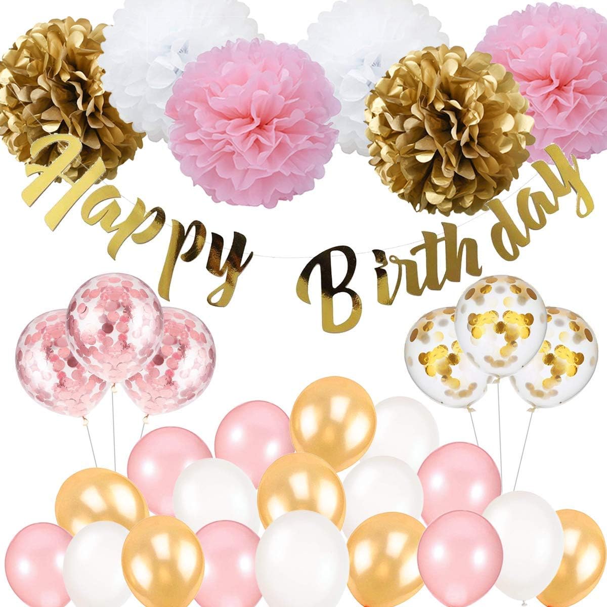 Birthday Decorations,Happy Birthday Banner,Tissue Flowers,Confetti Balloons,16th 18th 21st 30th 50th 60th Birthday Party Decorations for Women Girls