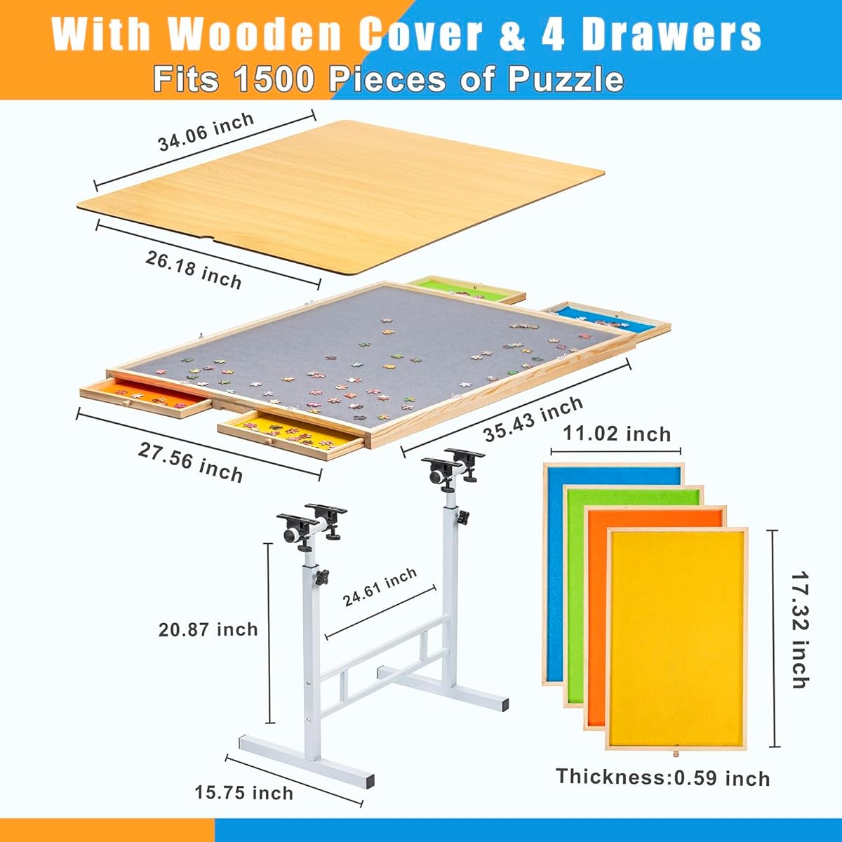 1500 Piece Puzzle Table with Metal Legs, Adjustable Angle & Height Jigsaw Puzzle Table | 35" x 26" Tilting Puzzle Board Table for Adults and Kids