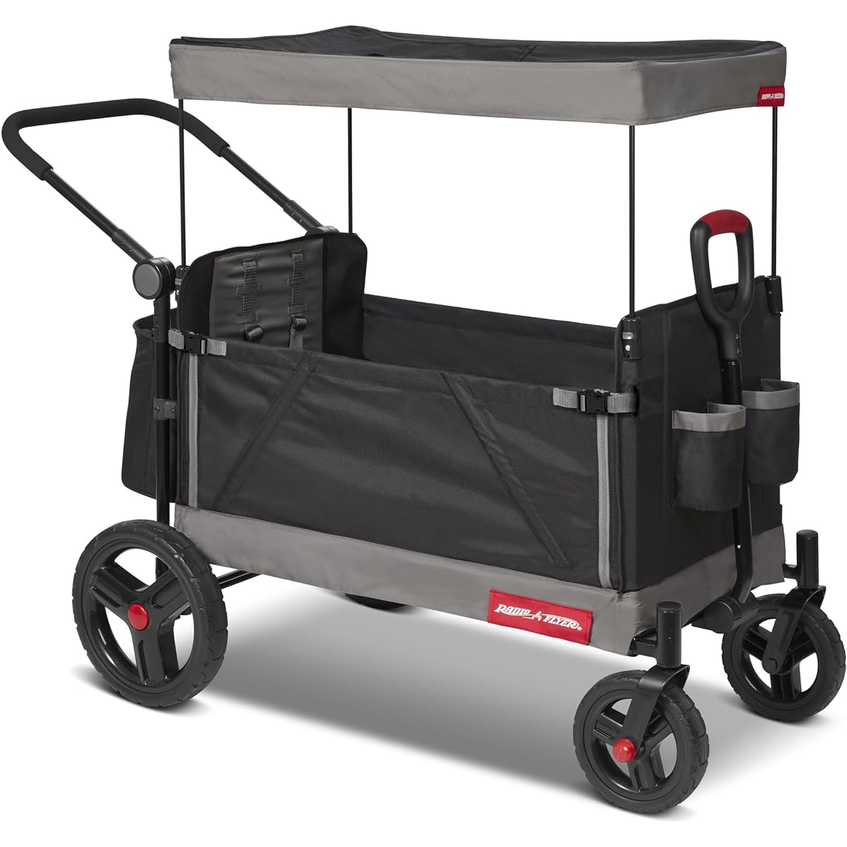Radio Flyer Foldable Collapsible Push and Pull Stroller Kids Wagon with Protective Canopy Cover and Travel Case for Ages 1+, Black