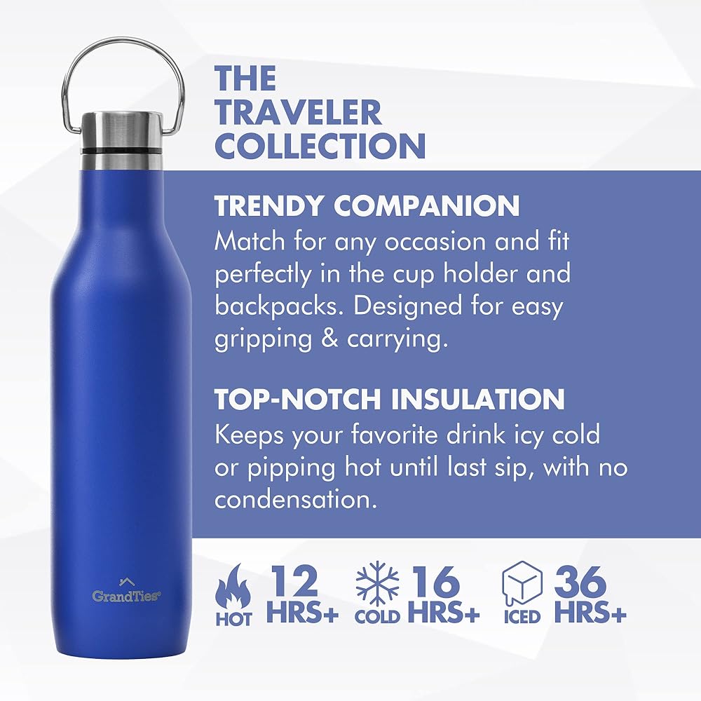 GRANDTIES Premium Traveler Bottle 620ml - Vacuum insulation double wall & stylish wine bottle shape & rich colors & 2 types of lids (periwinkle)