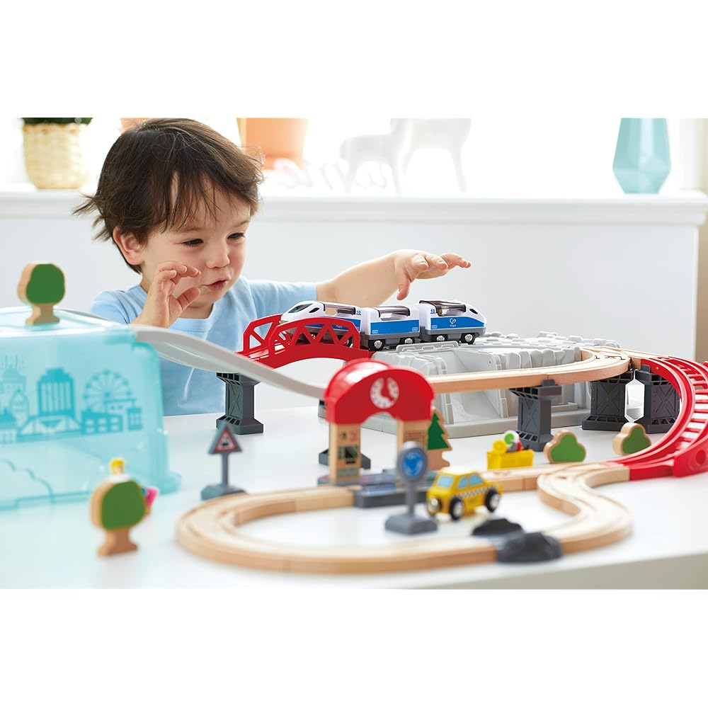 Hape E3771 Tidying Up City Rail Box Rail Set 75 x 87 x 14 cm Ages 3+ Wooden Educational Toy
