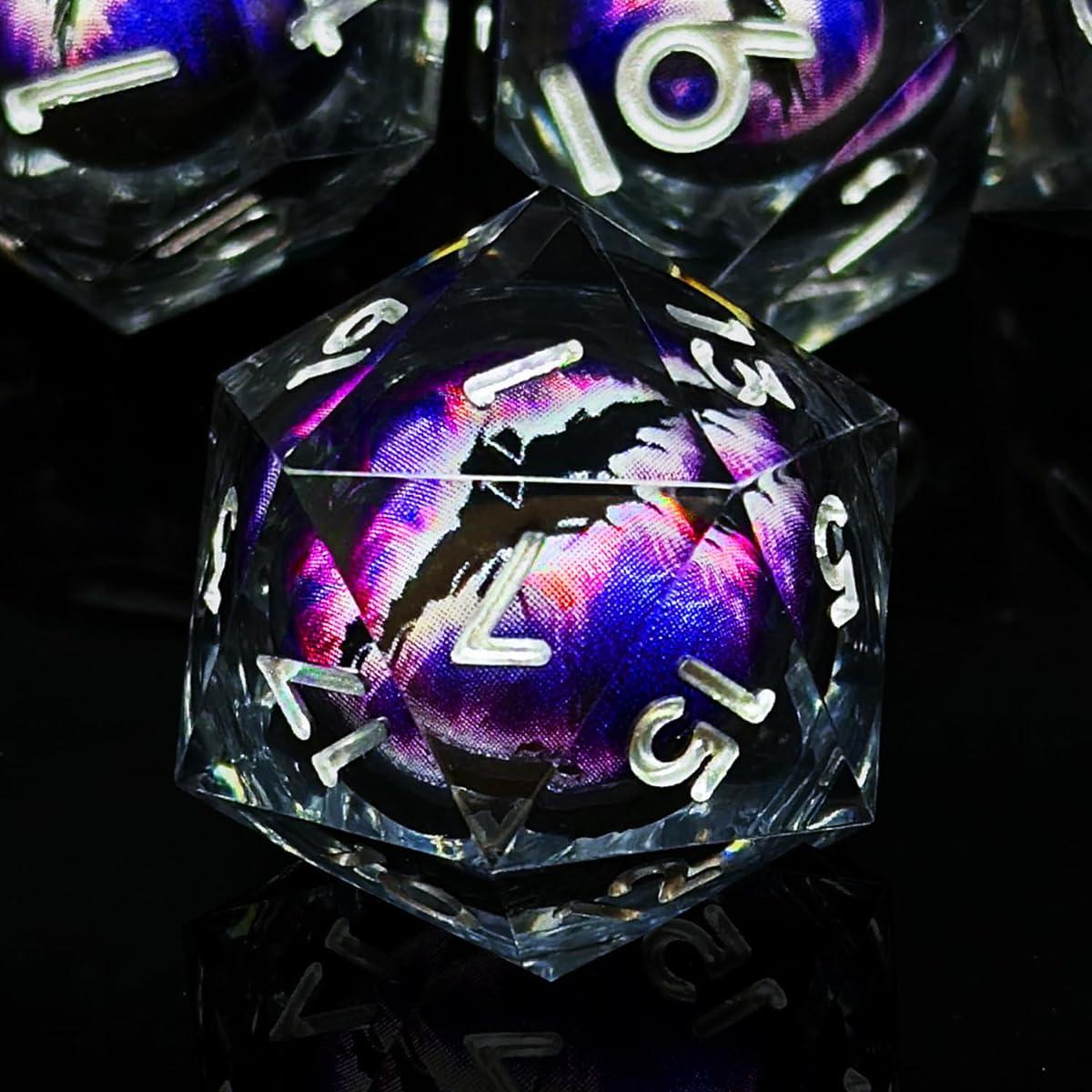 HAOMEJA Resin Dragon Eye DND Dice Set D&D 7pcs Resin Sharp Edge Liquid Core Role Playing Dice with Dragon Eye Dice Bag Polyhedral Dungeons and Dragons Dice D20 D12 D10 D8 D6 D4 (Black & Eye Purple)