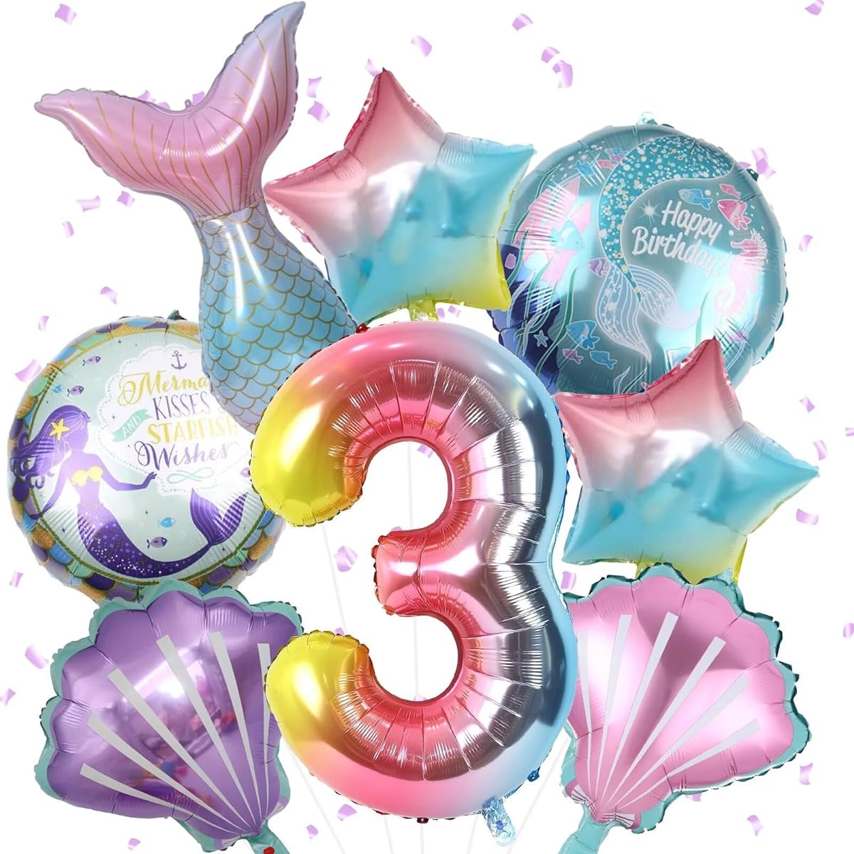 Mermaid 3rd birthday decorations, 8 pcs mermaid birthday decorations balloons, 40 inch rainbow number 3 balloons, large helium foil mermaid tail balloons, seashell balloons for mermaid party supplies