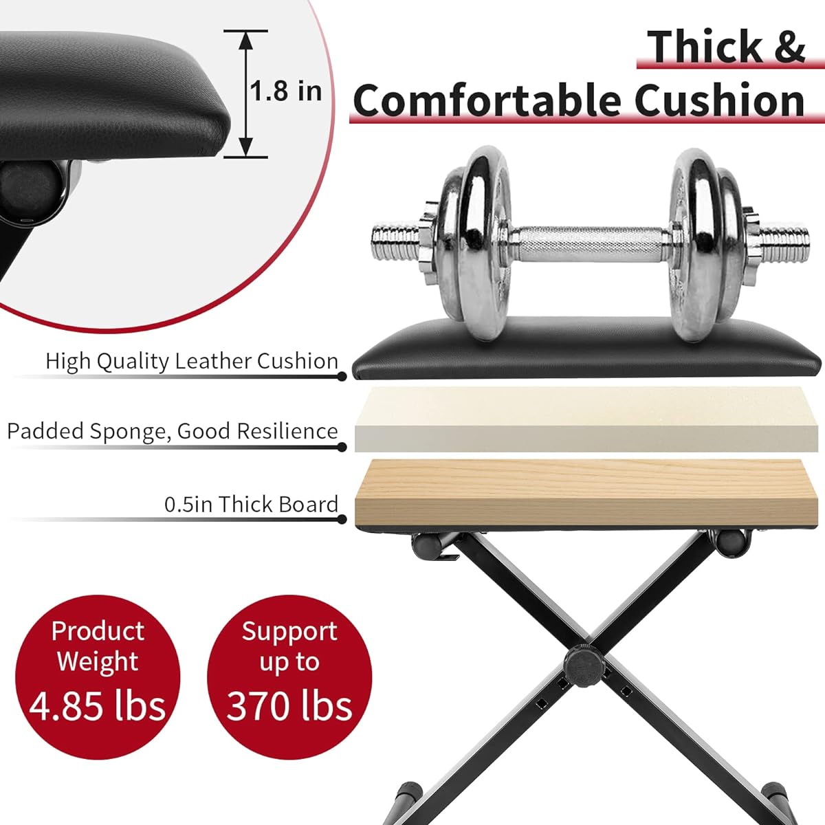 MUZNOTE Piano Bench, Adjustable Keyboard Bench, Padded Keyboard Chair Seat, X-Style, Foldable, Flame Retardant Cotton, Anti-Slip Waterproof Design, Black