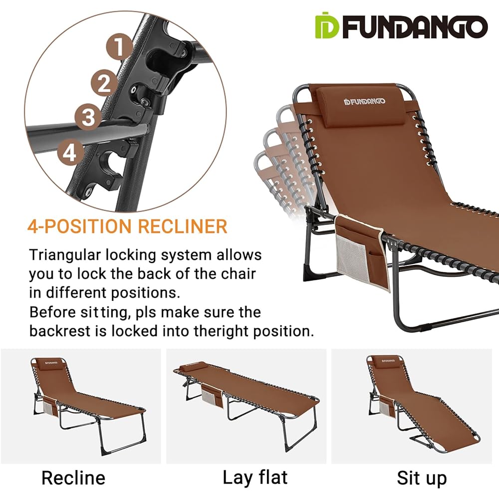 FUNDANGO Outdoor Chaise Lounge Chair 5 Adjustable Folding Chaise Lounge for Lawn/Patio/Beach/Sunbathing/Deck Portable Heavy Duty Camping Recliner with Pillow Khaki