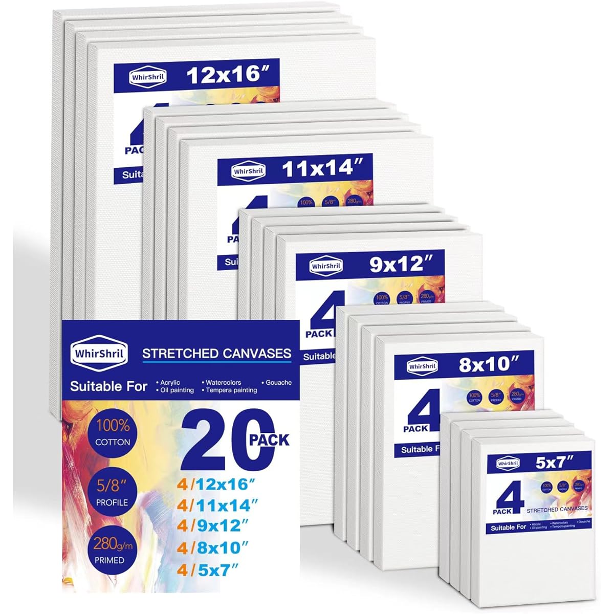 WhirShril 20 Piece Stretched Canvas Set for Painting, Multi-Size 12x16 11x14 9x12 8x10 5x7 (4 Pieces Each) Blank Canvas Kit for Oil, Acrylic, Pour Over, Gouache and More