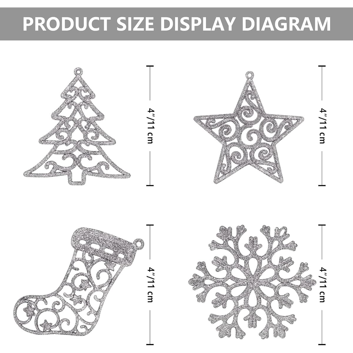SY Super Bang 4" Silver Christmas Glitter Ornaments 40pcs Hanging Snowflake Christmas Tree Ornaments for Christmas Party Holiday Wedding Home Decorations