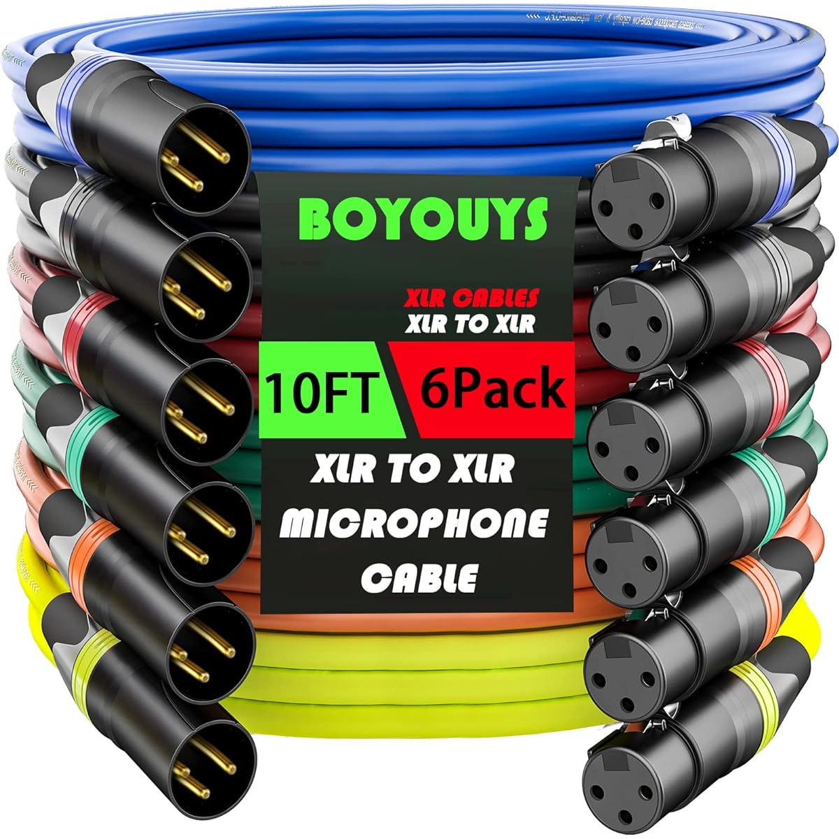 BOYOUYS XLR Cable 10 Feet 6 Pack XLR Microphone Cable XLR to XLR Cable 3 Pin Premium Balanced XLR Male to Female Patch Cord for Microphone Mixer Podcast Studio