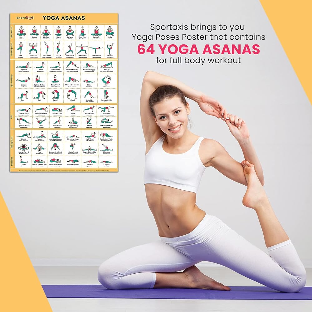 Sportaxis Yoga Poses Poster - 64 Yoga Asanas for Full Body Workout - Laminated Home Workout Poster Color Illustrations - English and Sanskrit Names - 18" x 27" (Double-Sided)