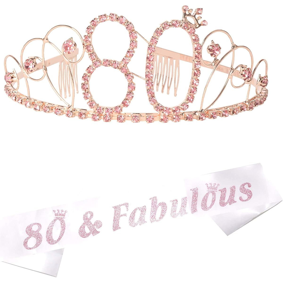 80th Birthday Sash and Tiara for Women - Amazing Sparkly Sash + Basic Rhinestone Pink Premium Metal Tiara 80th Birthday Gifts for Her 80th Birthday Celebration