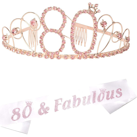 80th Birthday Sash and Tiara for Women - Amazing Sparkly Sash + Basic Rhinestone Pink Premium Metal Tiara 80th Birthday Gifts for Her 80th Birthday Celebration