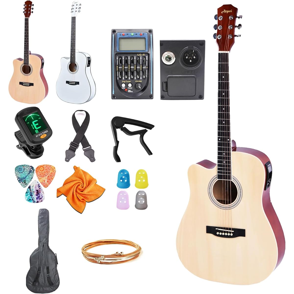 Aryari Electric Acoustic Guitar Left-handed Acoustic Guitar Beginner Set 41'' Acoustic Guitar for Adults and Students 4/4 Acoustic Electric Guitar for Beginner (Storage bag, strings, capo, pick, strap, etc. included) Wood color Left-handed 41''