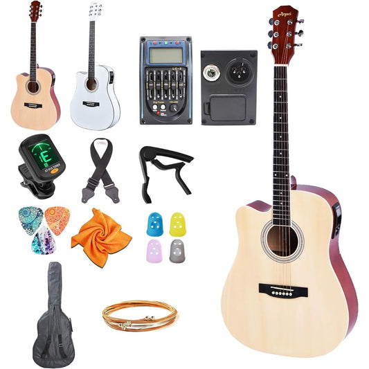 Aryari Electric Acoustic Guitar Left-handed Acoustic Guitar Beginner Set 41'' Acoustic Guitar for Adults and Students 4/4 Acoustic Electric Guitar for Beginner (Storage bag, strings, capo, pick, strap, etc. included) Wood color Left-handed 41''