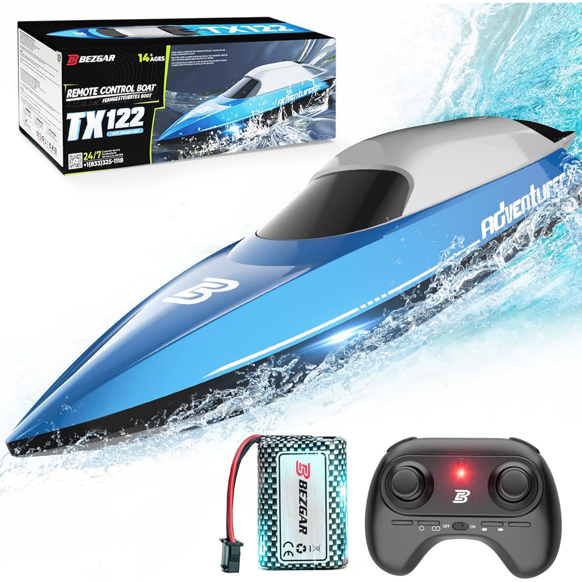 BEZGAR TX122 RC Boat - 2.4GHz RC Boat with Rechargeable Battery, Top Speed 20+MPH, High Speed RC Boat for Adults & Kids, Pool & Lake, Radio Control Boat, Double Hatch Design