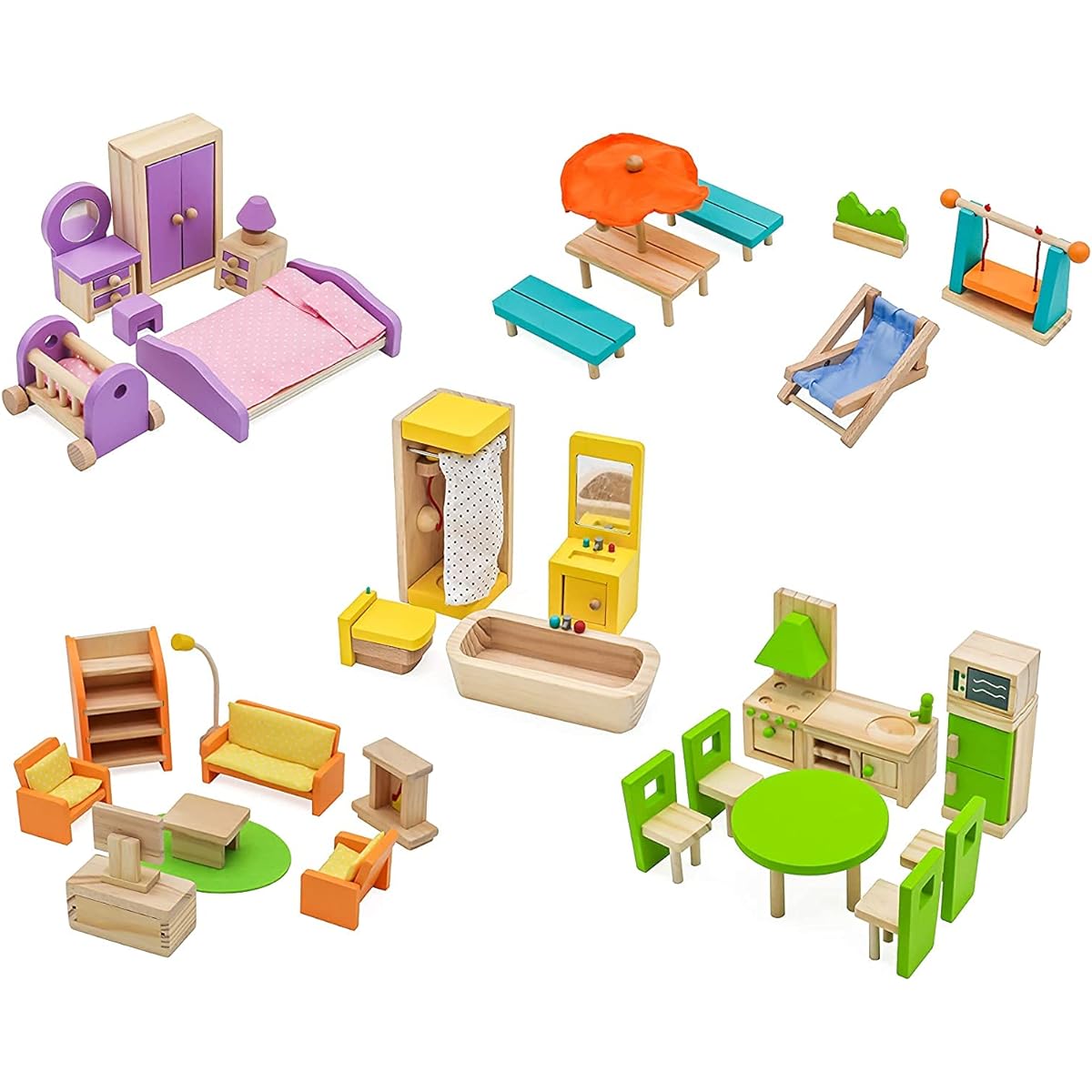 Pidoko Kids Dollhouse Furniture - Full Furniture Bundle Set - (5 Rooms 42 Pieces) - Wooden Toy