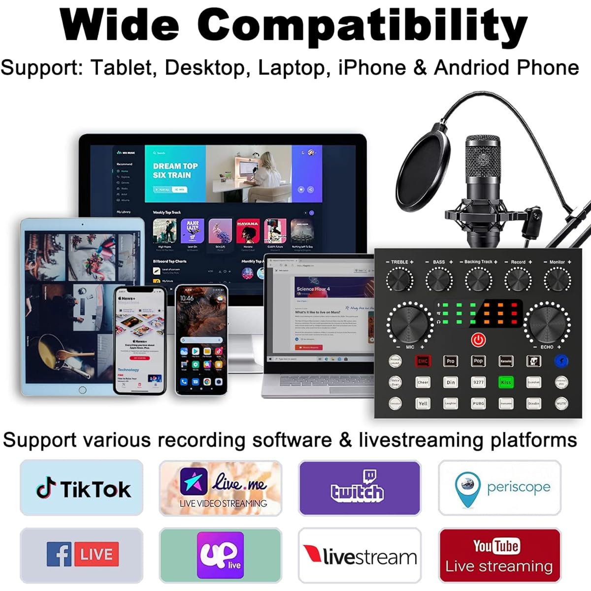 Podcast Equipment Bundle, BM-800 Microphone Kit with Live Sound Card, Podcast Microphone Bundle with Studio Microphone, Recording Studio Equipment for Live Streaming, Broadcasting on Phone/PC/Laptop