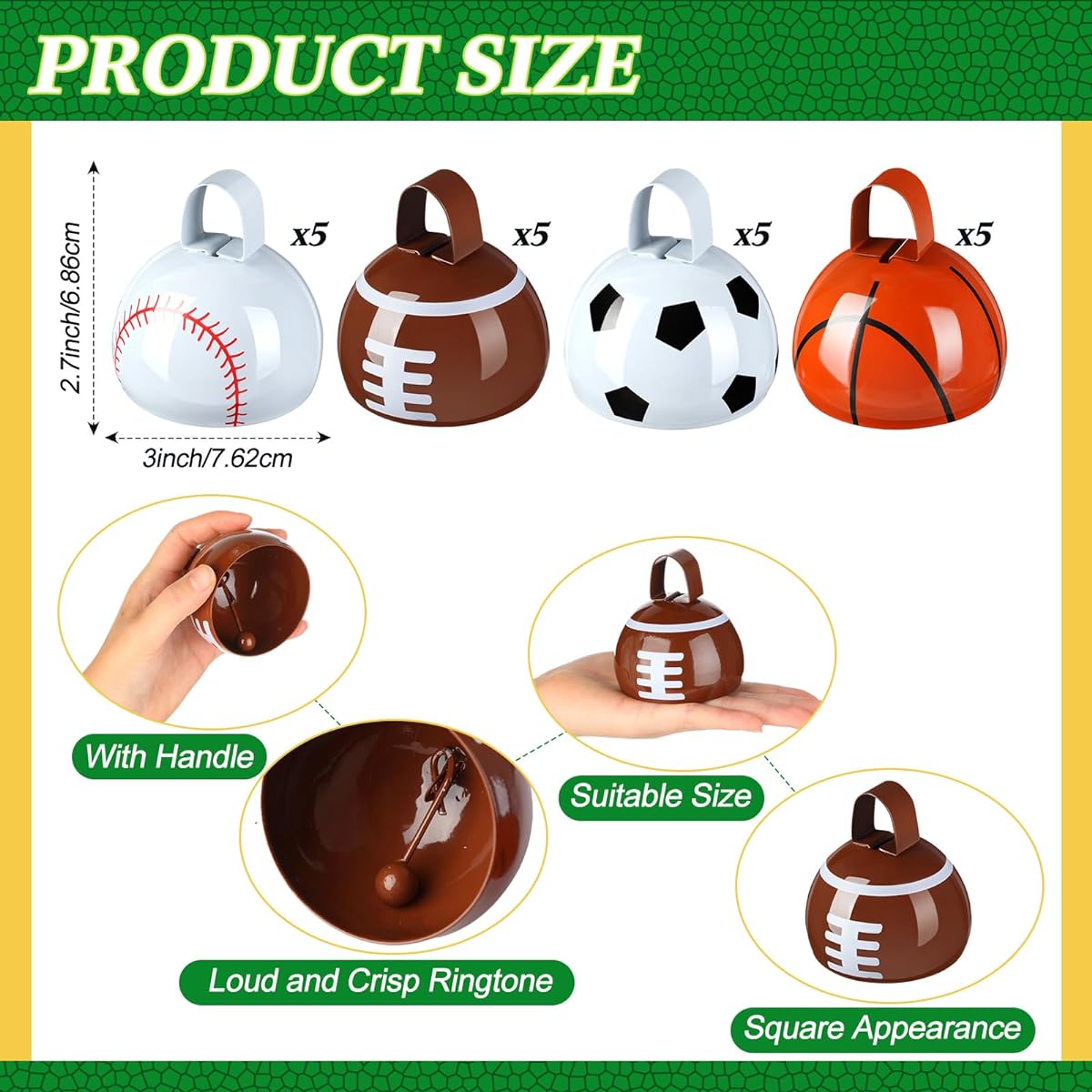 Lukmaa 20 Pack Football Baseball Basketball Soccer Cowbell with Handle 3 Inch Metal Novelty Noise Maker Hand Percussion Cowbell Sports Event Team Spirit Sports Party Favors