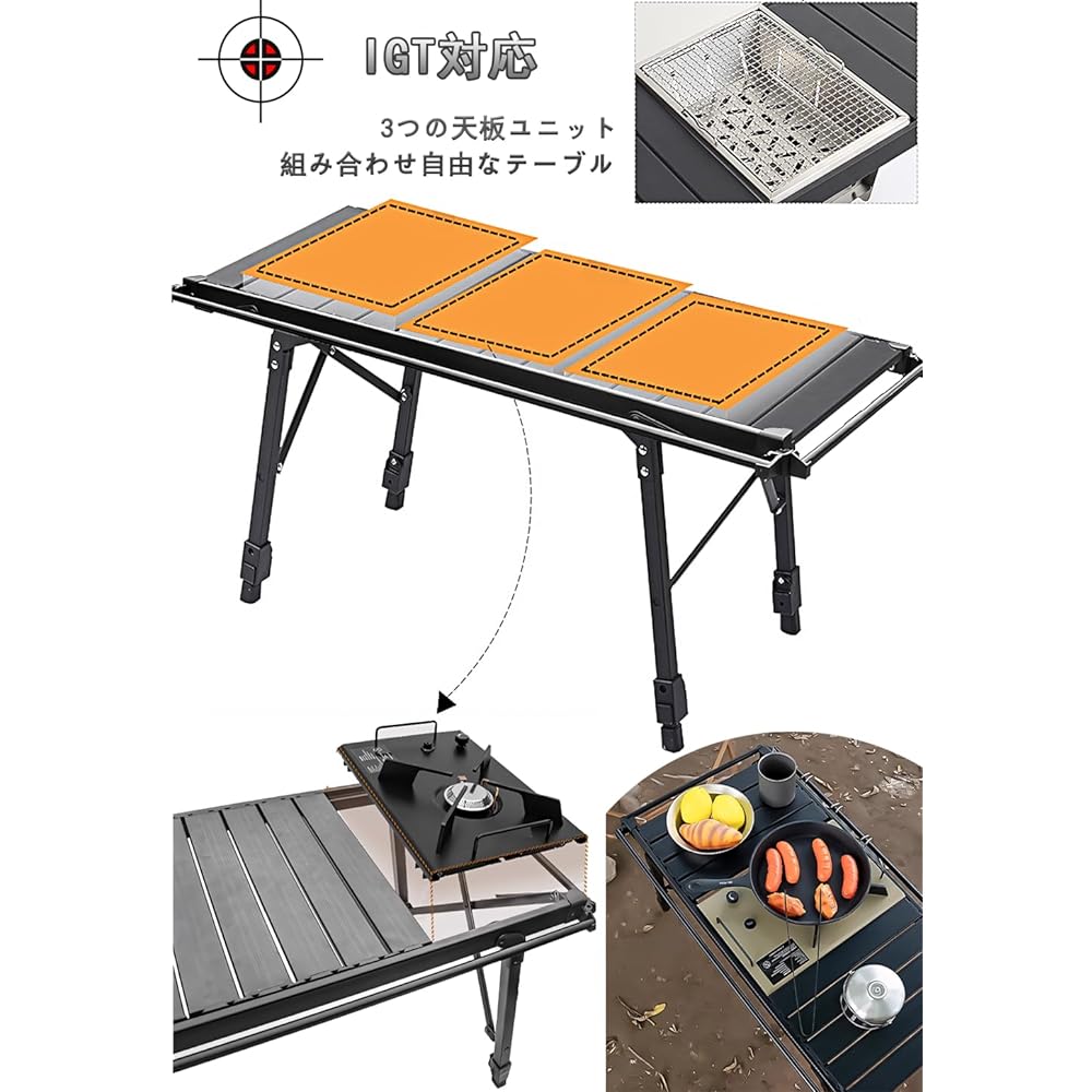 IGT Table, Outdoor Table, Camping Table, Foldable, Adjustable Height 43-64cm, Includes Side Rails for Hanging, Aluminum, Lightweight, 3 Units, Compact, Compatible with IGT, Bonfire Table, Multi-Kitchen Table, Barbecue, Storage Bag Included