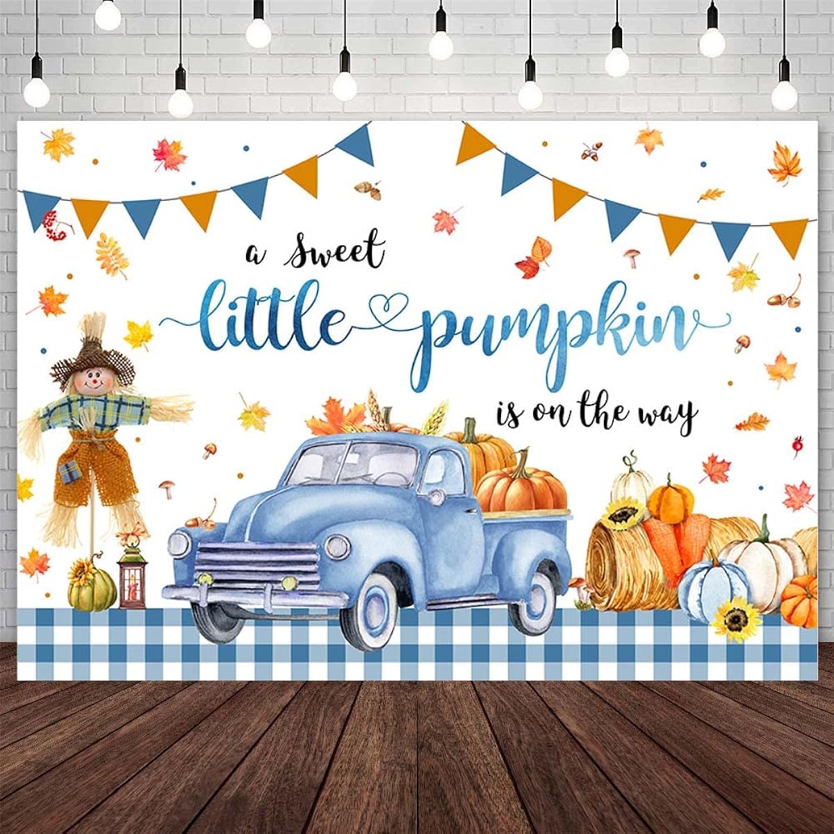 AIBIIN 7x5ft Pumpkin Baby Shower Backdrop Boy Autumn Little Pumpkin Baby Shower Party Decorations Blue Car Scarecrow Maple Leaf Baby Shower Banner Photo Studio Props