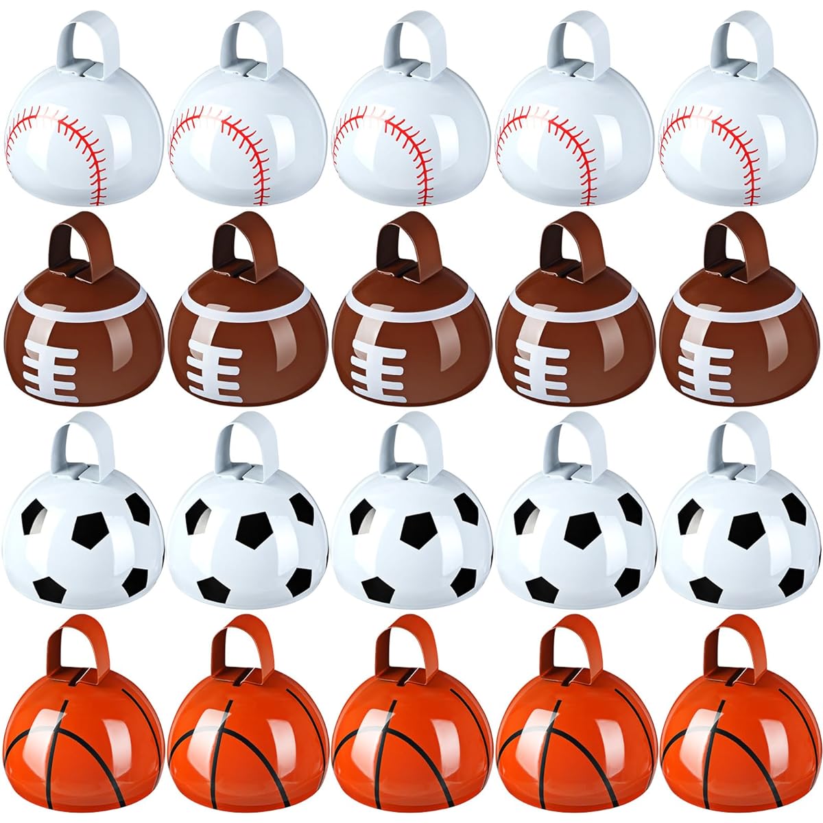 Lukmaa 20 Pack Football Baseball Basketball Soccer Cowbell with Handle 3 Inch Metal Novelty Noise Maker Hand Percussion Cowbell Sports Event Team Spirit Sports Party Favors