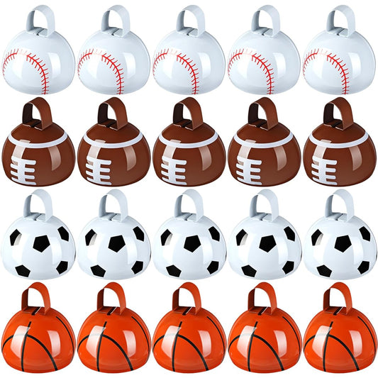 Lukmaa 20 Pack Football Baseball Basketball Soccer Cowbell with Handle 3 Inch Metal Novelty Noise Maker Hand Percussion Cowbell Sports Event Team Spirit Sports Party Favors