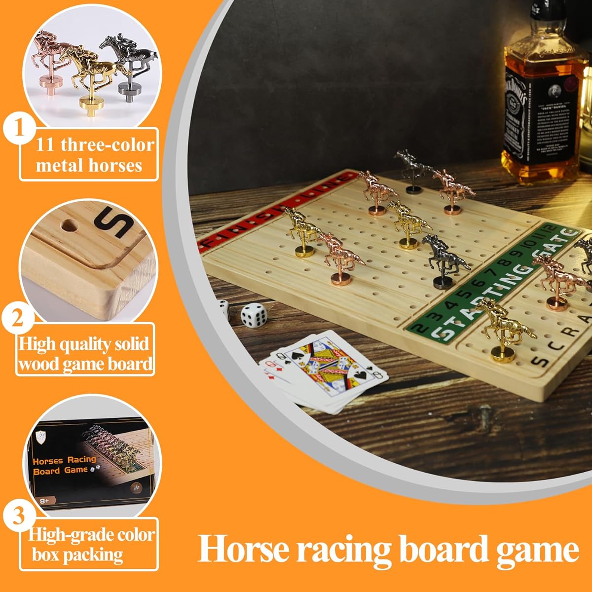 Grhonior Horse Racing Board Game with 11 Luxury Metal Horses, Thick Wooden Game Board with Dice and Cards Line Racing Game Board