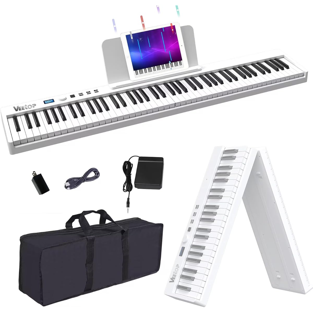 Same as a Live Piano, MIDI Compatible, 128 Tones, Pedal Included, Compact, Lightweight, Small Portable Piano Keyboard, Special Case Included, Japanese Instruction Manual, For Beginners, Children, Piano Practice, Piano Teaching, Piano Performance ( white)