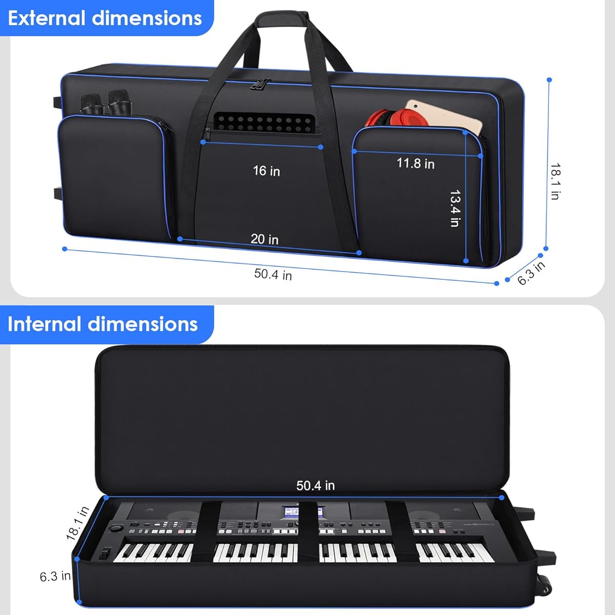 76 Key Keyboard Case with Casters (Internal Size: 50.5"x18.1"x6.3") | 76 Key Keyboard Rolling Bag with Soft Handle & Padded Shoulder Strap | Portable 76 Key Keyboard Case Roller Bag (Black)