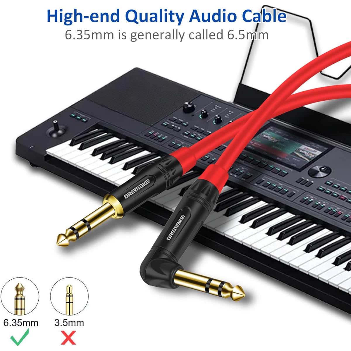 DREMAKE Guitar Cable Cord 6ft 2 Pack TRS 1/4 Straight to Right Angle Professional Instrument Guitar Amplifier Cable TRS 6.35mm Male to Male Balanced Audio Cable Pro Audio Effect Pedal Quarter Inch