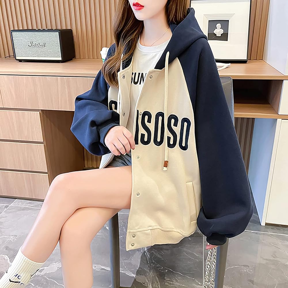 [MMTYRM] Zip Up Parka Women's Hooded Sweatshirt Stylish Jacket Big Silhouette Tops Bicolor Women's Loose Hoodie Large Size Parka