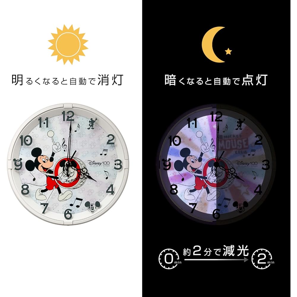 RHYTHM Disney 100th Anniversary Disney 100 (Mickey Mouse) Wall Clock Dial changes when it gets dark Silent White Φ28×5.2cm 8MG817MC72