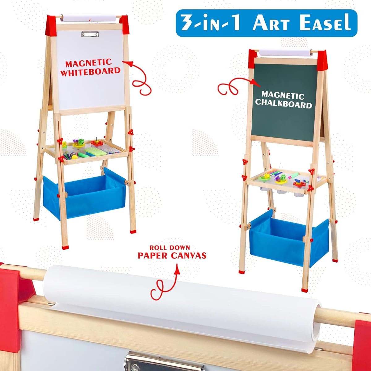 JHTOPJH Art Easel for Kids with Magnets Wooden Standing Toddler Drawing Board with Paper Roll - Christmas Birthday Gift for Boys and Girls Ages 3+